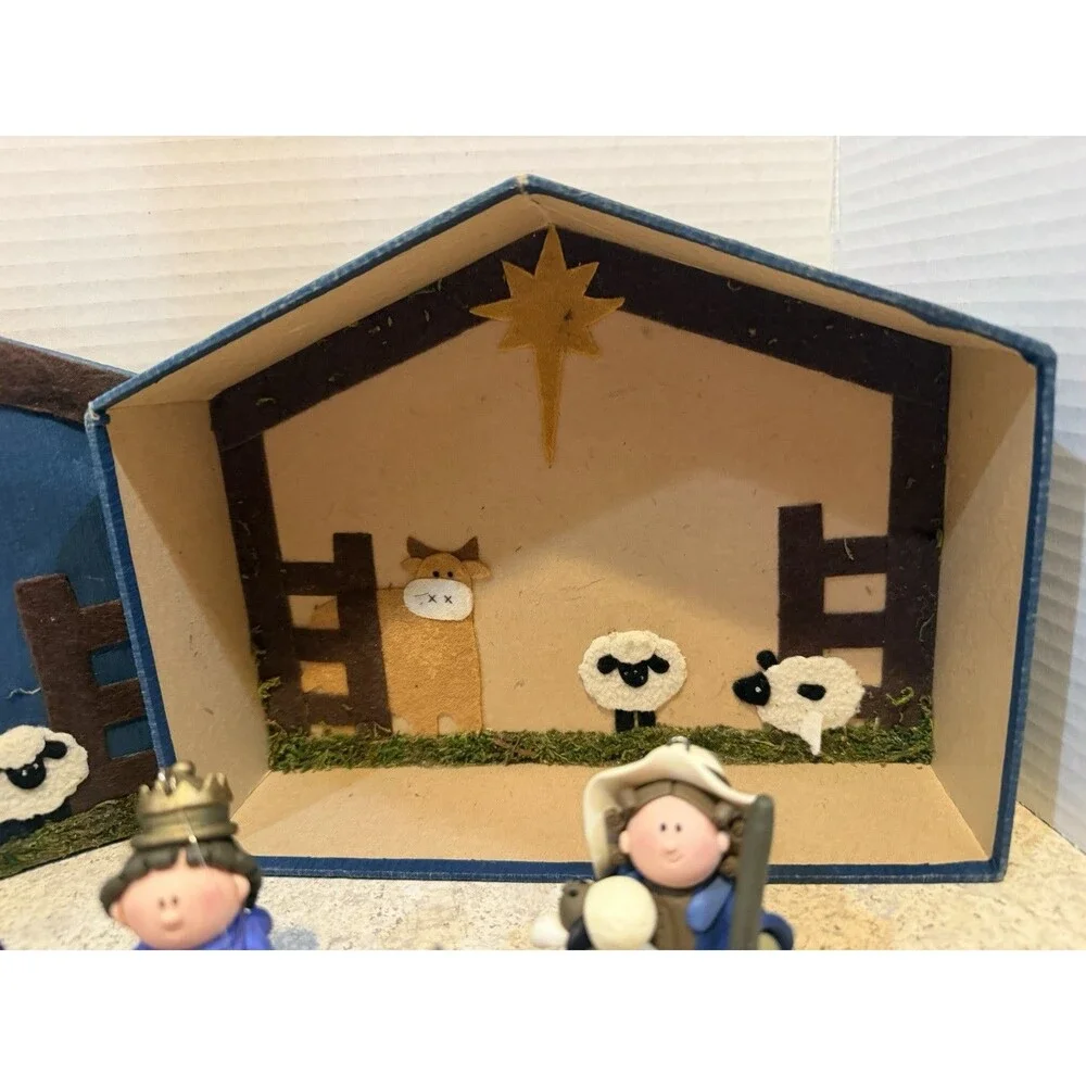 Handmade Nativity Ornament Set 7pc w/ Felt Stable Boxes Wise Men Mary BAF 2004